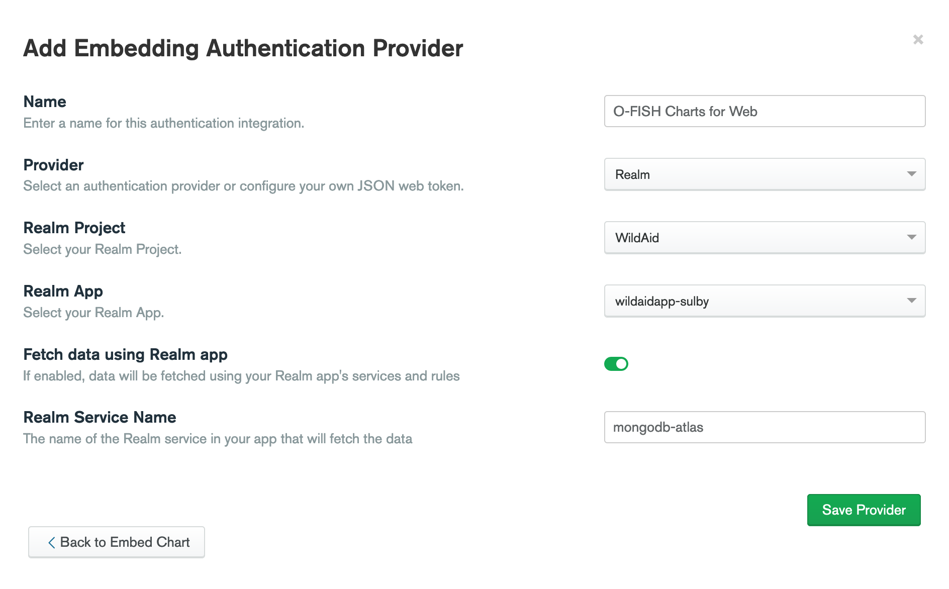Authentication Provider settings. Name: 'O-FISH Charts for Web', Provider: 'Realm', Realm Project: 'WildAid', Realm App: 'wildaidapp-sulby', Fetch data using Realm app: Turned on, Realm Service Name: 'MongoDB-atlas'