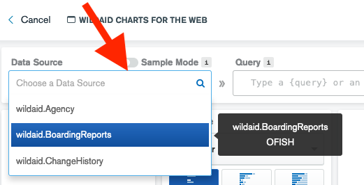 Setting the boarding reports data source from a drop-down menu.