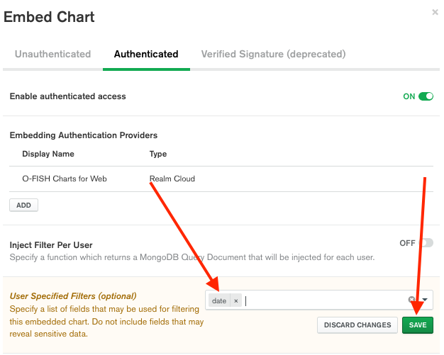 Setting proper authentication access, while specifying the date data field to use to filter this embedded chart.