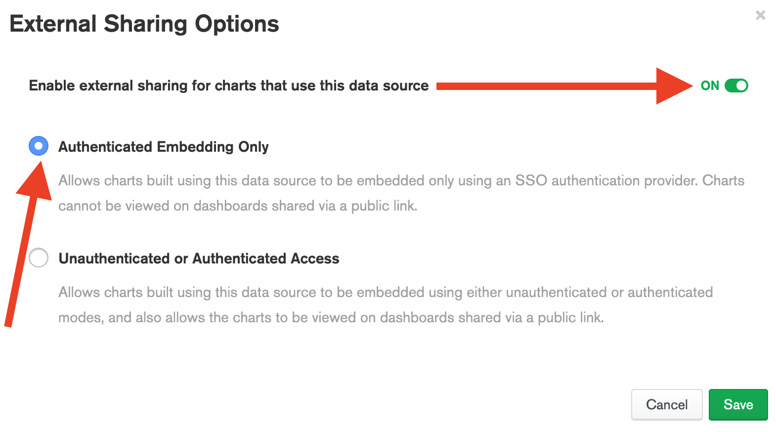 Enable external sharing and Save with "Authentical Enbedding Only" mode